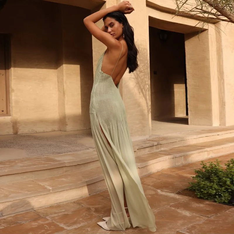 Kate - Sonnenuntergang plissiertes Patchwork Maxikleid | Elegantes Schlitzdesign