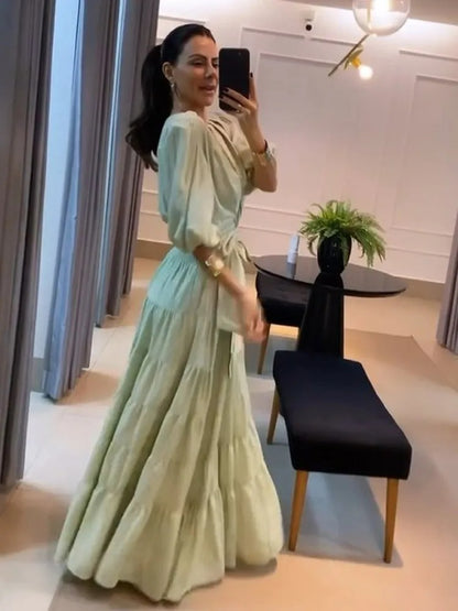Lässiges Taillenband Rüschen Puffärmeliges Langes Kleid