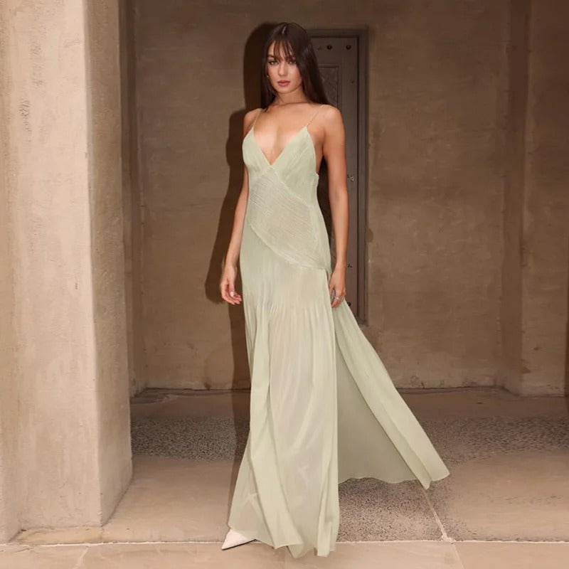 Kate - Sonnenuntergang plissiertes Patchwork Maxikleid | Elegantes Schlitzdesign