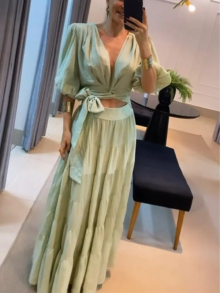 Lässiges Taillenband Rüschen Puffärmeliges Langes Kleid