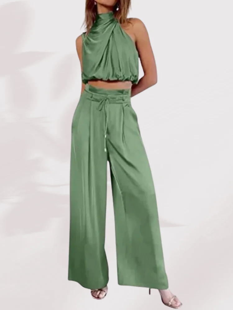 Sommer-Satin-Plissee-Crop-Top-Hosen mit weitem Bein, zweiteiliges Set