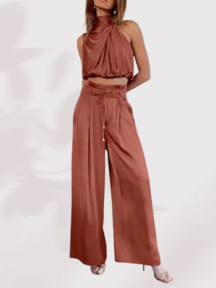 Sommer-Satin-Plissee-Crop-Top-Hosen mit weitem Bein, zweiteiliges Set