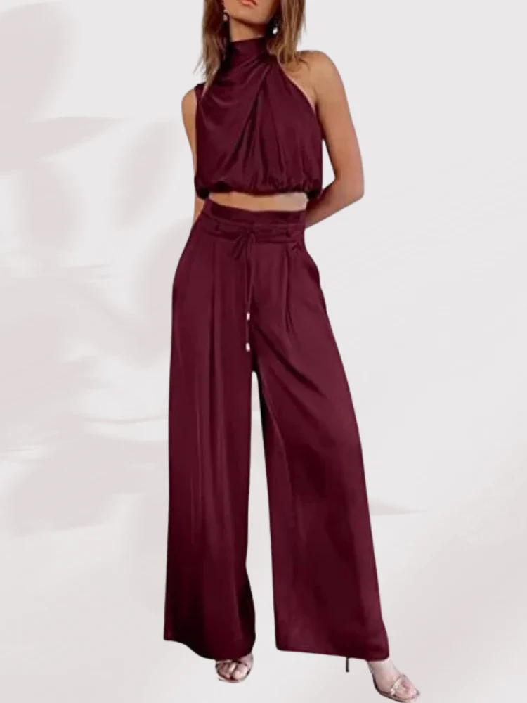 Sommer-Satin-Plissee-Crop-Top-Hosen mit weitem Bein, zweiteiliges Set