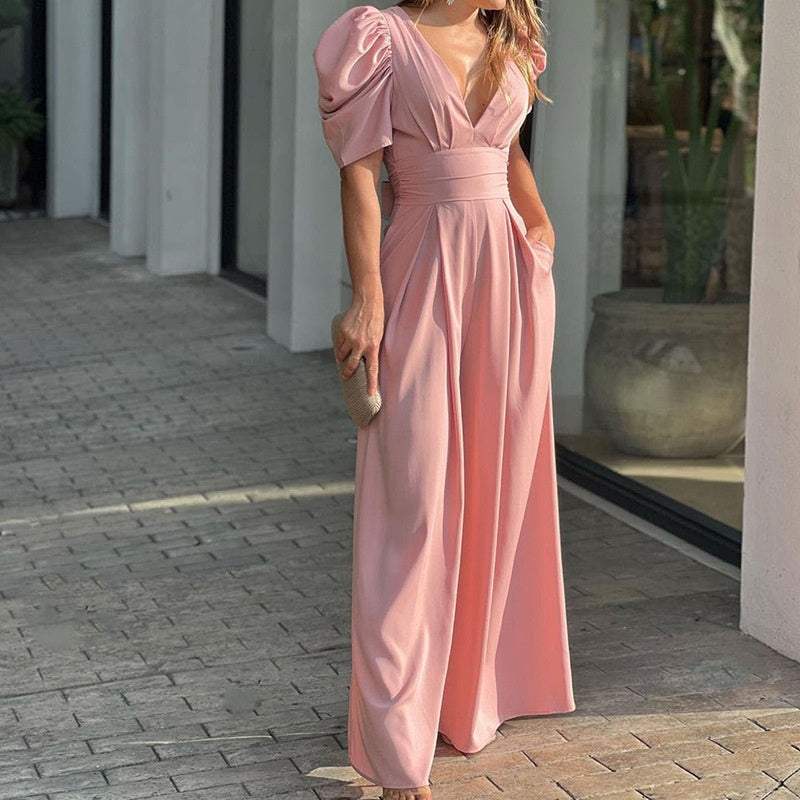 Hannah - Luxe Jumpsuit mit Weitem Bein | Tiefer V-Ausschnitt für atemberaubende Eleganz