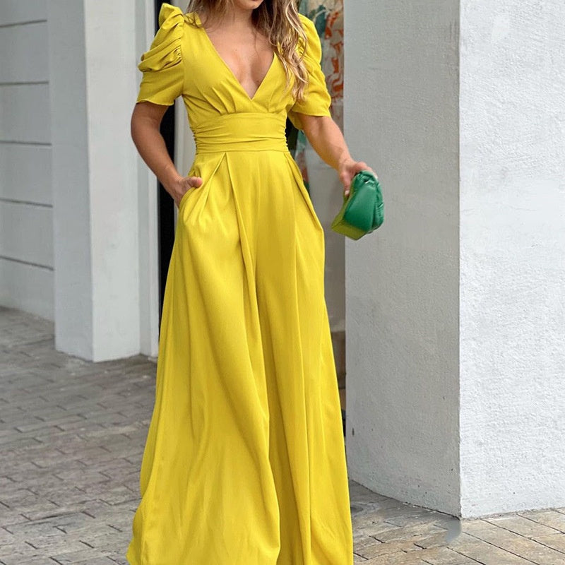 Hannah - Luxe Jumpsuit mit Weitem Bein | Tiefer V-Ausschnitt für atemberaubende Eleganz