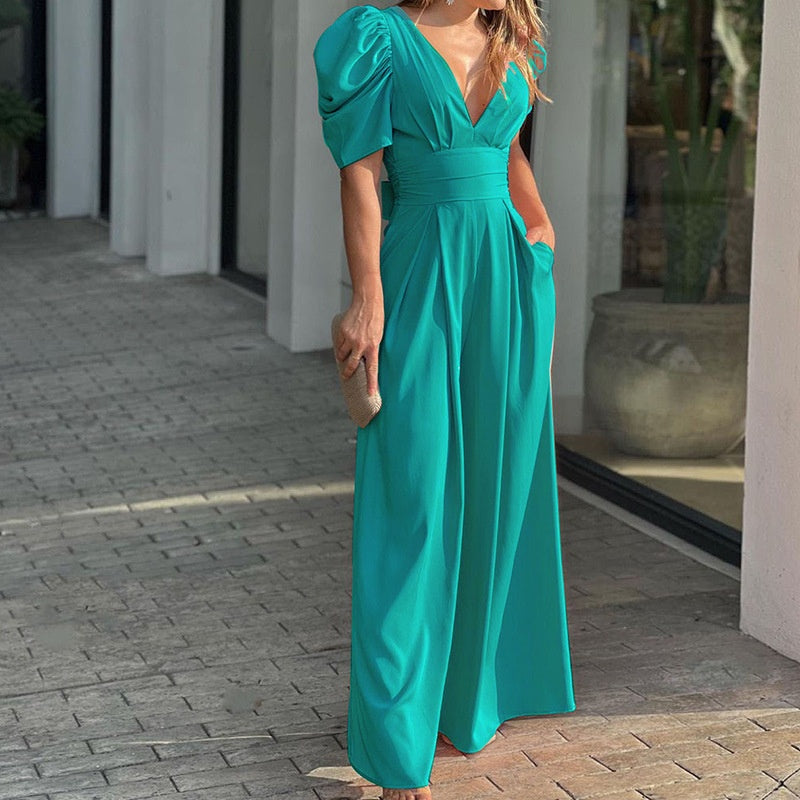 Hannah - Luxe Jumpsuit mit Weitem Bein | Tiefer V-Ausschnitt für atemberaubende Eleganz