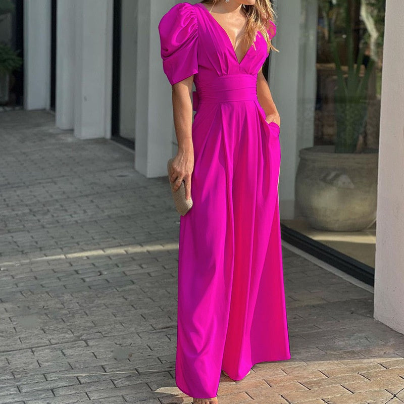 Hannah - Luxe Jumpsuit mit Weitem Bein | Tiefer V-Ausschnitt für atemberaubende Eleganz