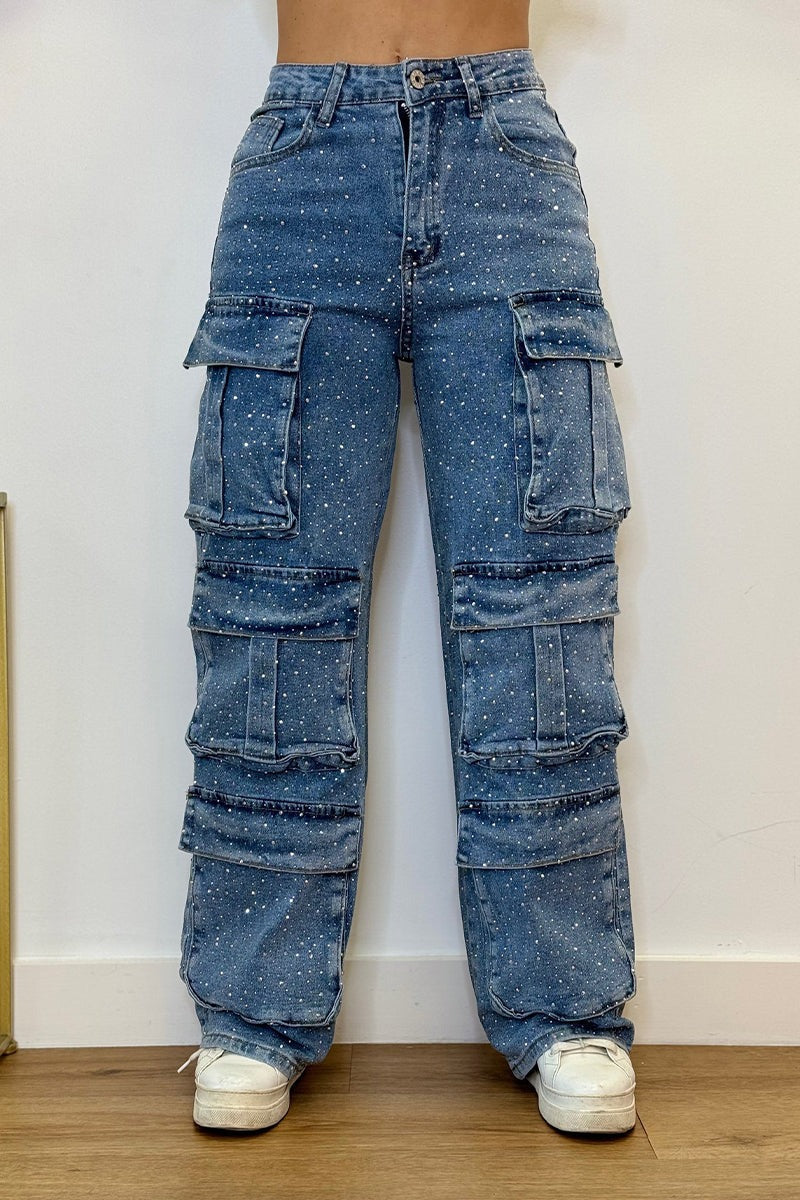 Jeni - Strass Cargo-Jeans | Glitzernd, Stylisch, Street-Ready