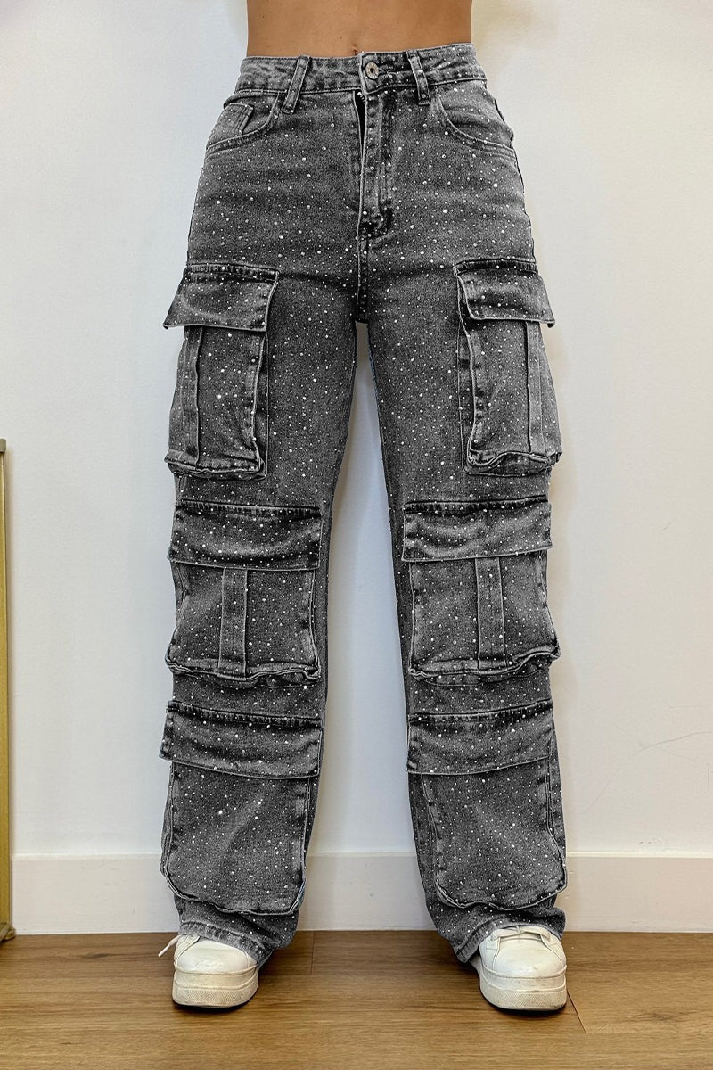 Jeni - Strass Cargo-Jeans | Glitzernd, Stylisch, Street-Ready