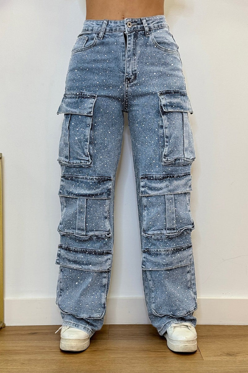 Jeni - Strass Cargo-Jeans | Glitzernd, Stylisch, Street-Ready