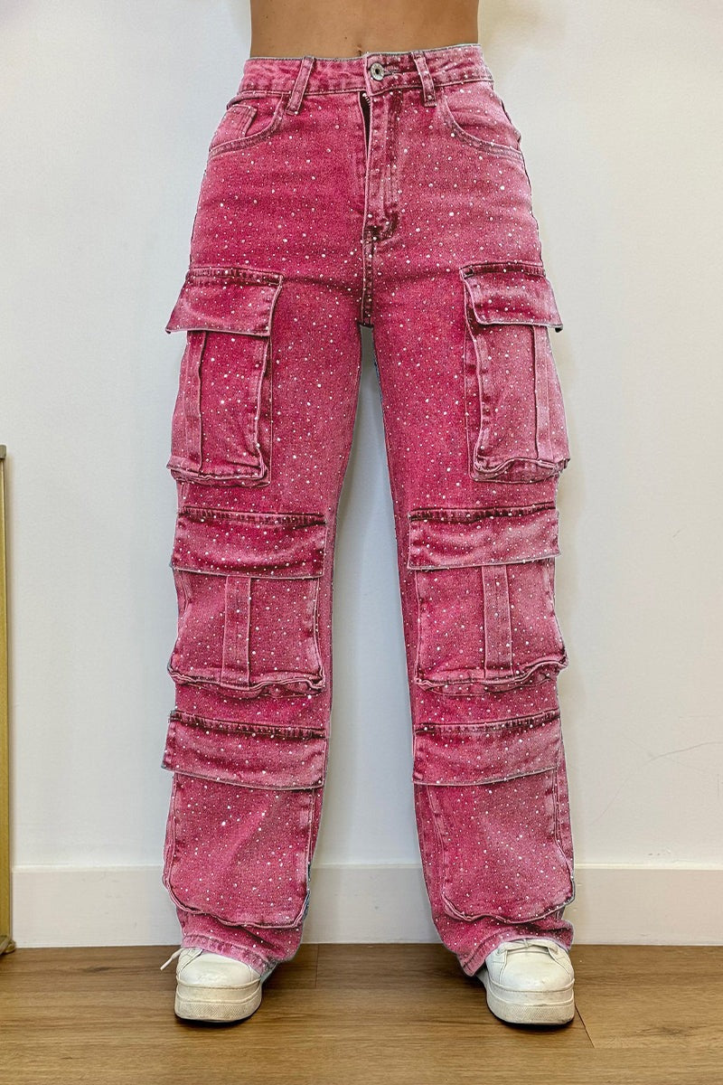 Jeni - Strass Cargo-Jeans | Glitzernd, Stylisch, Street-Ready