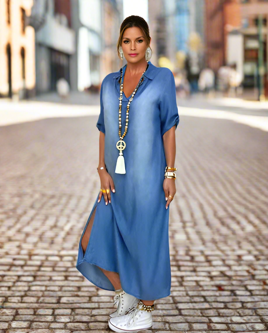 Mara – Maxikleid im Denim-Style | Leichtes, atmungsaktives, luftiges Sommerkleid für Damen