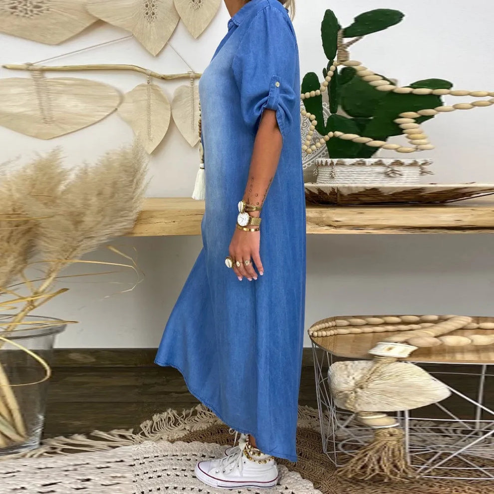 Mara – Maxikleid im Denim-Style | Leichtes, atmungsaktives, luftiges Sommerkleid für Damen