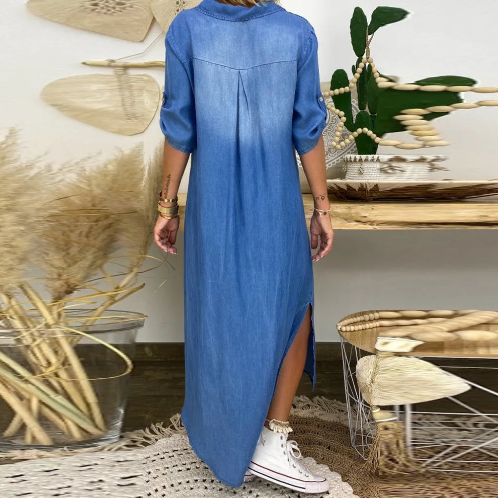 Mara – Maxikleid im Denim-Style | Leichtes, atmungsaktives, luftiges Sommerkleid für Damen