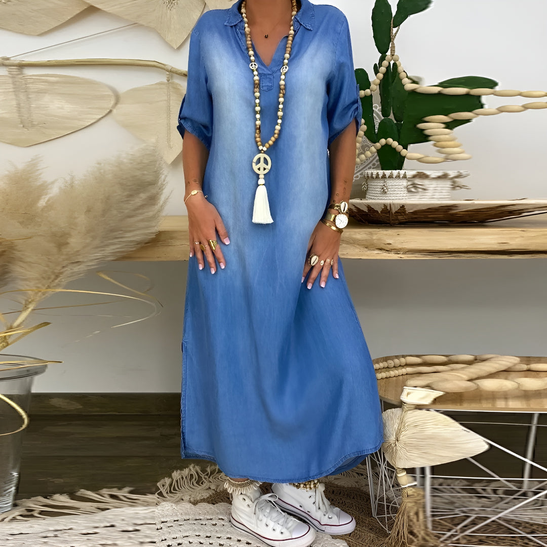 Mara – Maxikleid im Denim-Style | Leichtes, atmungsaktives, luftiges Sommerkleid für Damen