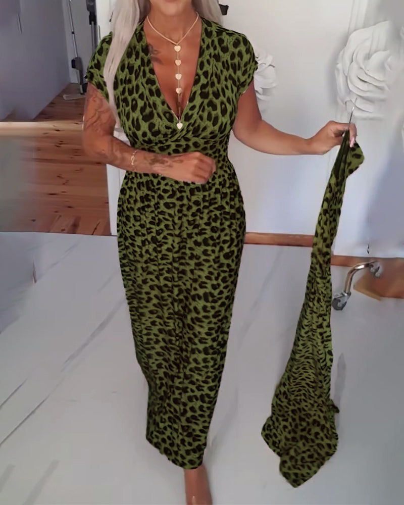 Elodia – Leopardenmuster V-Ausschnitt Maxikleid | Elegante, Bequeme, Vielseitige Mode für Jeden Anlass