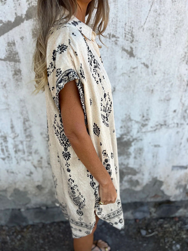 Ethyl - Lose Sitzendes Bedrucktes Kleid | Kurze Ärmel, Taschen