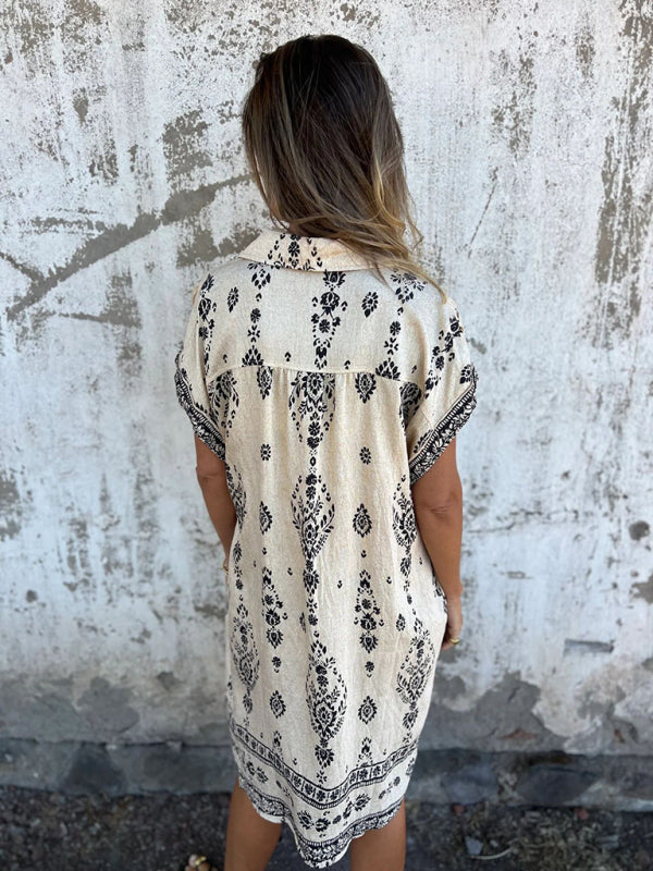 Ethyl - Lose Sitzendes Bedrucktes Kleid | Kurze Ärmel, Taschen