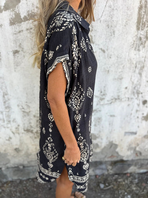 Ethyl - Lose Sitzendes Bedrucktes Kleid | Kurze Ärmel, Taschen