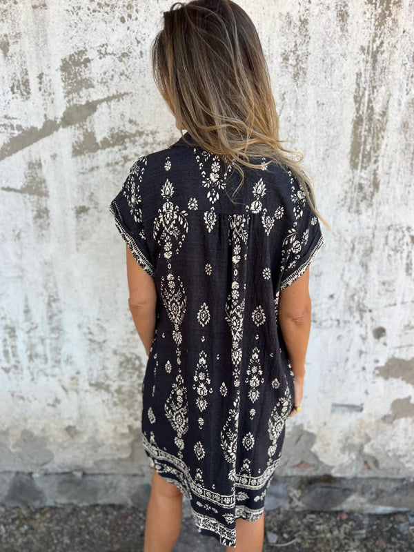 Ethyl - Lose Sitzendes Bedrucktes Kleid | Kurze Ärmel, Taschen