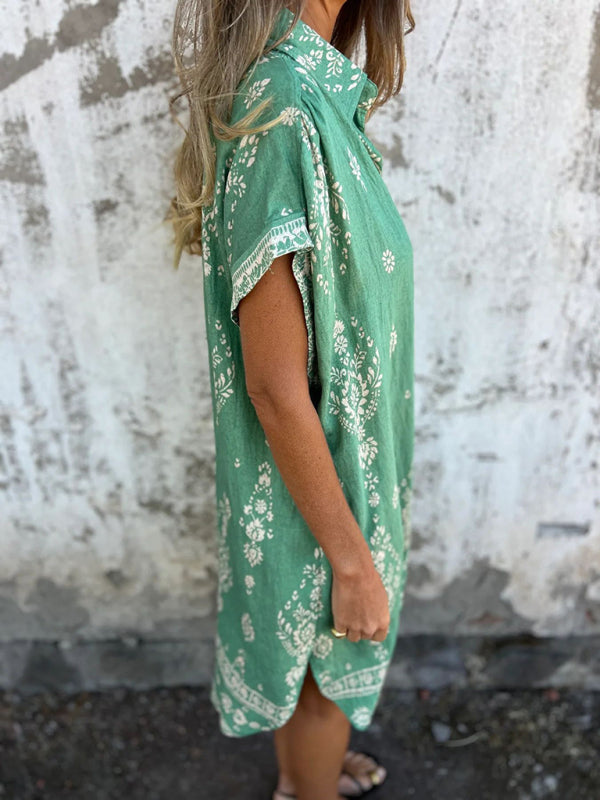 Ethyl - Lose Sitzendes Bedrucktes Kleid | Kurze Ärmel, Taschen