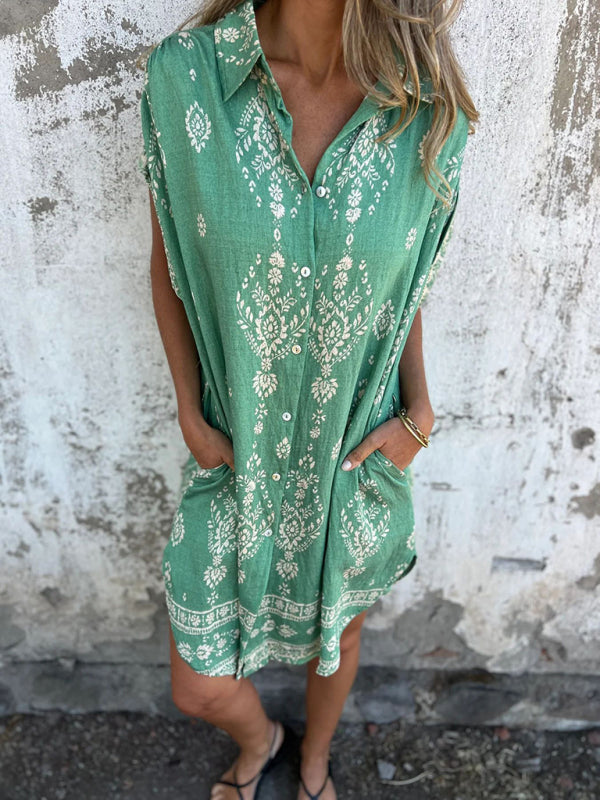 Ethyl - Lose Sitzendes Bedrucktes Kleid | Kurze Ärmel, Taschen