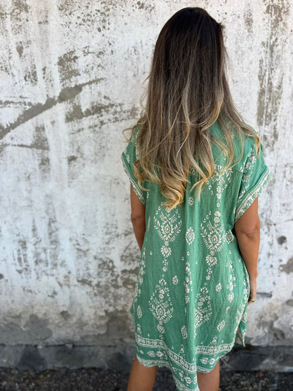 Ethyl - Lose Sitzendes Bedrucktes Kleid | Kurze Ärmel, Taschen