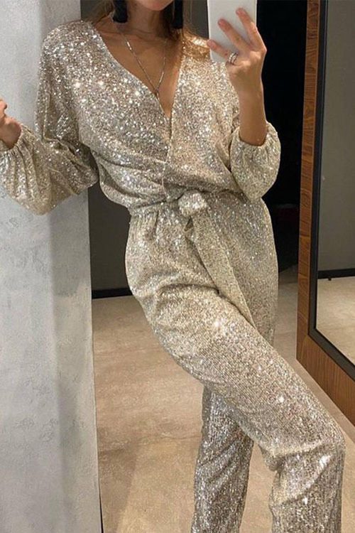Glitzernder V-Ausschnitt Damen Jumpsuit | Glamouröses Design mit Gürtel
