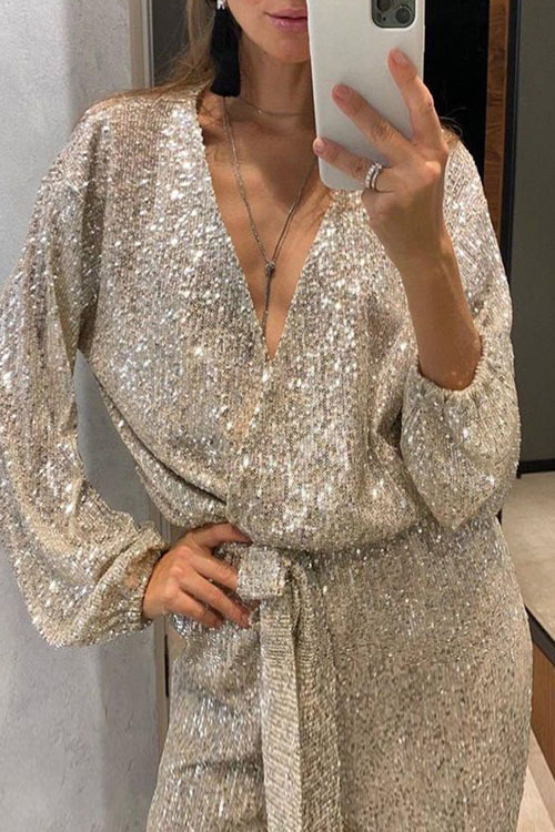 Glitzernder V-Ausschnitt Damen Jumpsuit | Glamouröses Design mit Gürtel