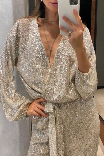 Glitzernder V-Ausschnitt Damen Jumpsuit | Glamouröses Design mit Gürtel