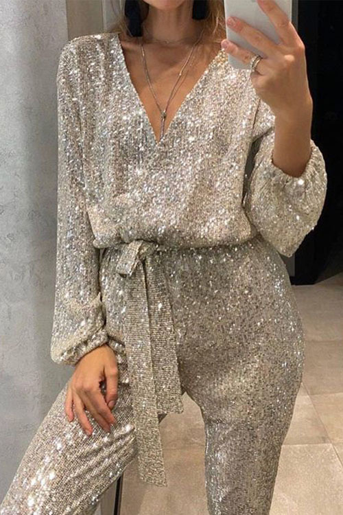 Glitzernder V-Ausschnitt Damen Jumpsuit | Glamouröses Design mit Gürtel