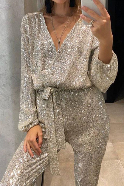 Glitzernder V-Ausschnitt Damen Jumpsuit | Glamouröses Design mit Gürtel