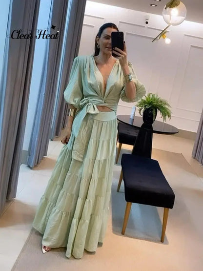 Lässiges Taillenband Rüschen Puffärmeliges Langes Kleid