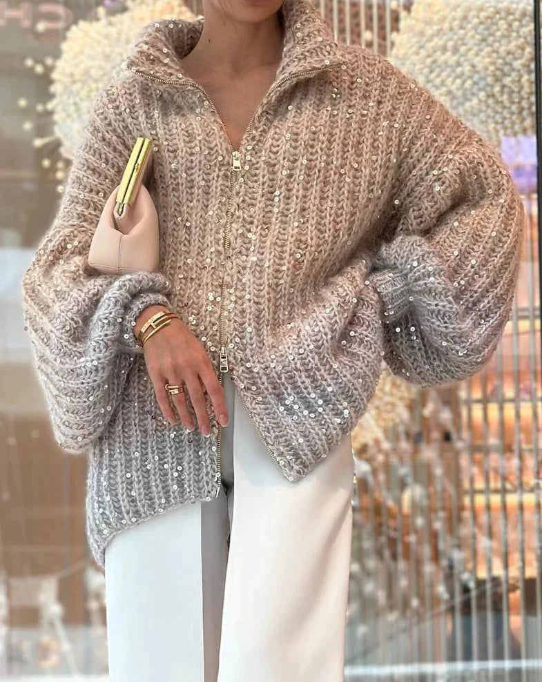 Zuedy Glitzernde Seiden Strickjacke Pullover